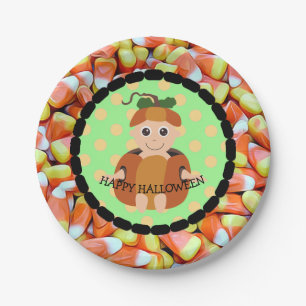 Happy Halloween Candy Corn Pumpkin Kind Borden Papieren Bordje