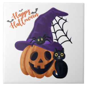 Happy Halloween Carved Pumpkin met zwarte kat en Tegeltje