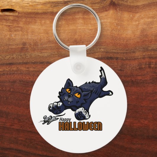 Happy Halloween Cat Chasing Mouse Sleutelhanger (Voorkant)