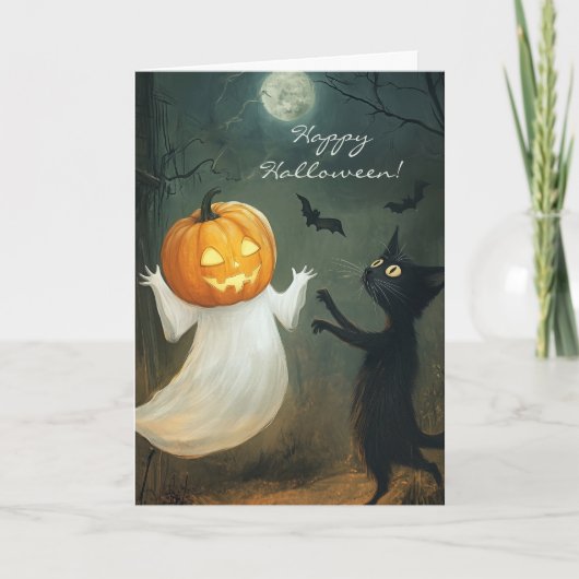 Happy Halloween Cat en Ghost Fun Bedankkaart (Voorkant)