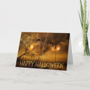 Happy Halloween Cat Eyes Haunted Trees Zwarte Kaar Kaart