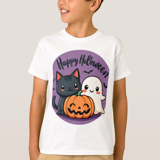 Happy Halloween Cat, Ghost en Pumpkin T-shirt (Voorkant)