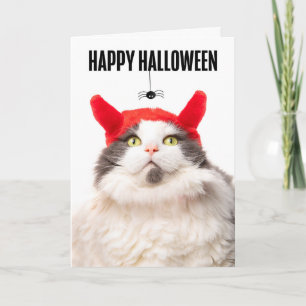 Happy Halloween Cat in Devil Costume with Spider Feestdagen Kaart