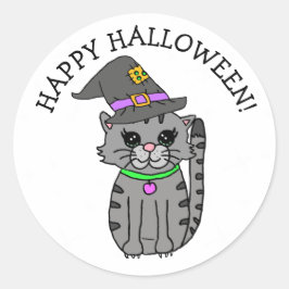 Happy Halloween Cat in heks Pet Ronde Sticker