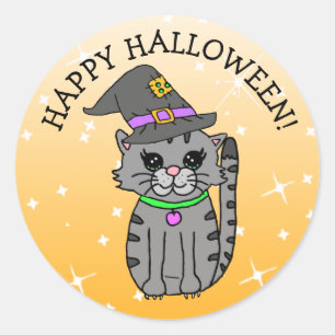 Happy Halloween Cat in heks Pet Ronde Sticker