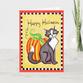 Happy Halloween Cat & Pumpkin wenskaart Bedankkaart