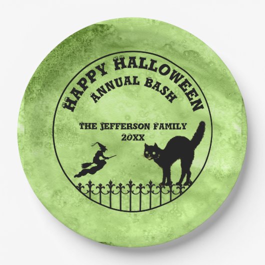 Happy Halloween Cat Witch Silhouette Green Grunge Papieren Bordje (Voorkant)