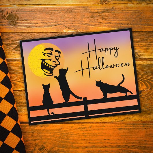 Happy Halloween Cats en lachende maan Briefkaart