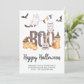 Happy Halloween Cats Ghosts Pumpkin Boo Cute Kind Feestdagenkaart (Staand voorkant)