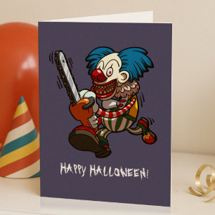 Happy Halloween Colorful Chainzaag Clown Cartoon Kaart