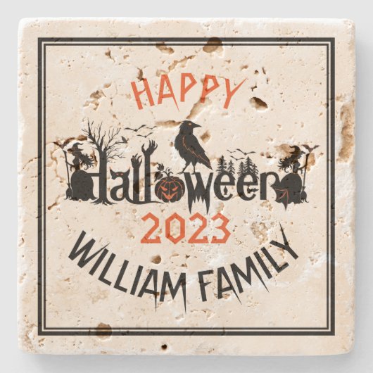 Happy Halloween Concept Typography Design Sjabloon Stenen Onderzetter (Voorkant)