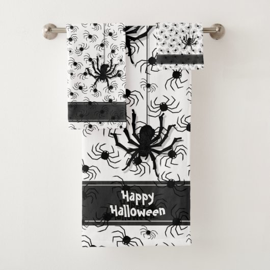 Happy Halloween Creepy Crawly Spiders White BG Bad Handdoek (Insitu)