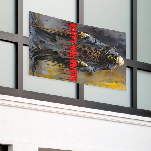 Happy Halloween Creepy Skeleton Spandoek (Buitenkant Gebouw)