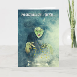 Happy Halloween Creepy Witch Casting Spell Feestdagen Kaart