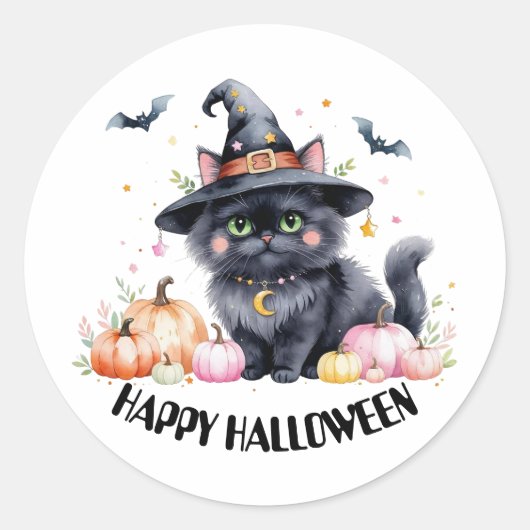 Happy Halloween Cute Black Cat Ronde Sticker (Voorkant)