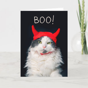 Happy Halloween Cute Cat in Devil Costume Feestdagen Kaart