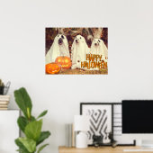 Happy Halloween Cute Dogs in Ghost Costumes Poster (Thuiskantoor)