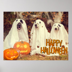 Happy Halloween Cute Dogs in Ghost Costumes Poster