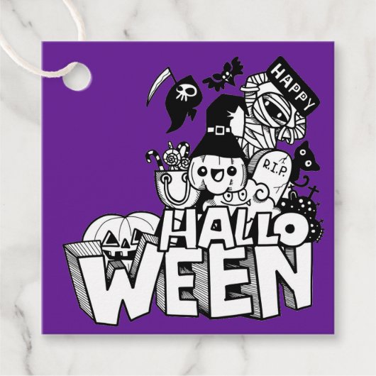 Happy Halloween Cute Doodle Pumpkin Cat Mummy Bedankjes Labels (Voorkant)