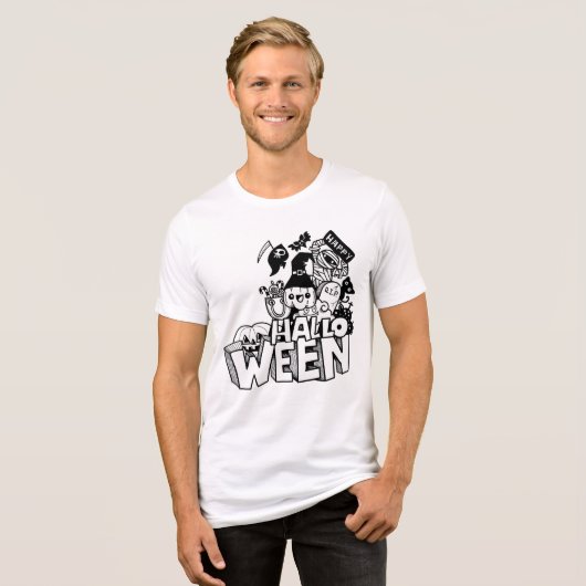Happy Halloween Cute Doodle Pumpkin Cat Mummy Tri-Blend Shirt (Voorkant volledig)