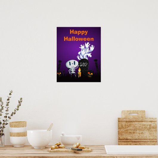 Happy Halloween Cute Ghosts & Seletons in begraafp Poster (Keuken)