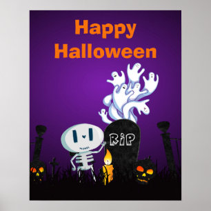 Happy Halloween Cute Ghosts & Seletons in begraafp Poster