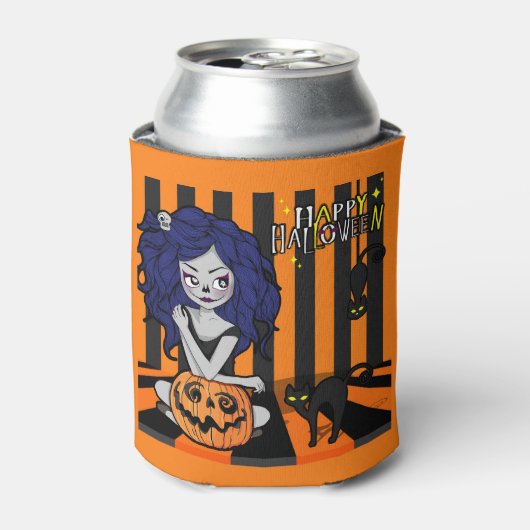 Happy Halloween Cute Girl, pomkins en Bats Blikjeskoeler (Blikje Voorkant)