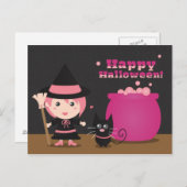 Happy Halloween, Cute Pink Witch en Black Cat Briefkaart (Voorkant / Achterkant)