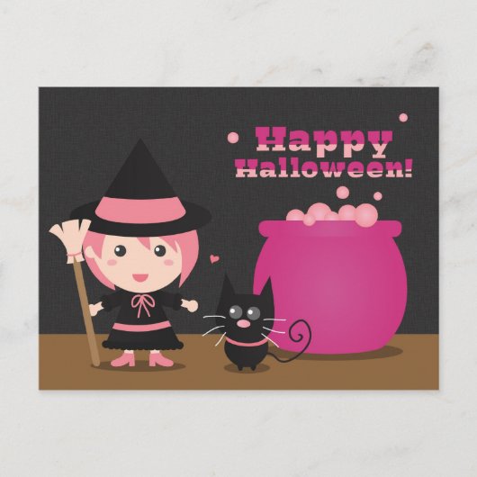 Happy Halloween, Cute Pink Witch en Black Cat Briefkaart (Voorkant)