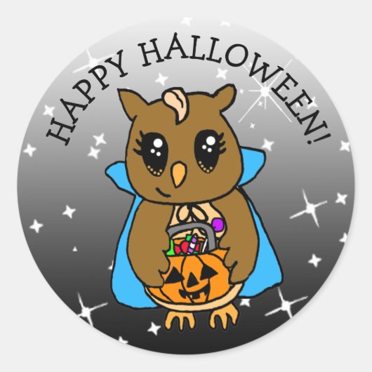 Happy Halloween Cute Whimsical Owl met Snoep Ronde Sticker (Voorkant)