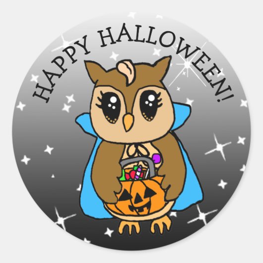 Happy Halloween Cute Whimsical Owl met Snoep Ronde Sticker (Voorkant)