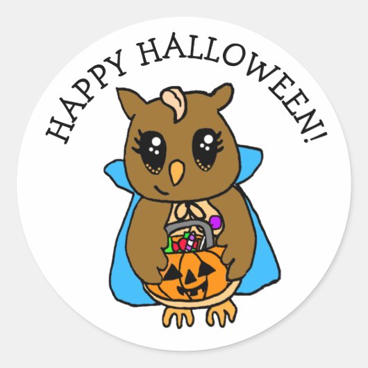 Happy Halloween Cute Whimsical Owl met Snoep Ronde Sticker (Voorkant)
