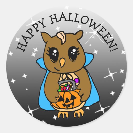 Happy Halloween Cute Whimsical Owl met Snoep Ronde Sticker (Voorkant)