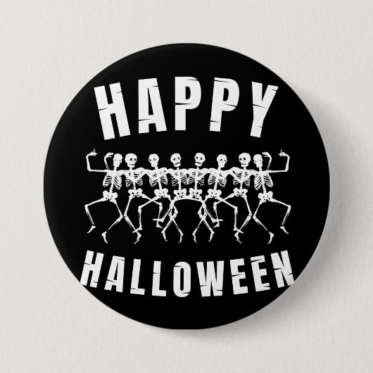 HAPPY HALLOWEEN DANCING SKELETONS RONDE BUTTON 7,6 CM (Voorkant)