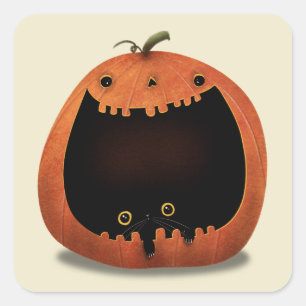 Happy Halloween Decoratie Zwarte Kat in Pompoen Vierkante Sticker