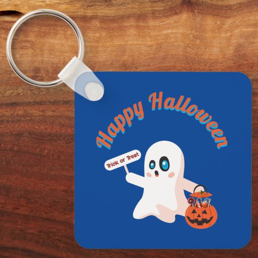 Happy Halloween Deep Blue Square sleutelhanger (Voorkant)
