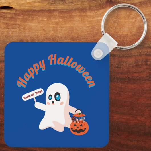 Happy Halloween Deep Blue Square sleutelhanger (Achterkant)