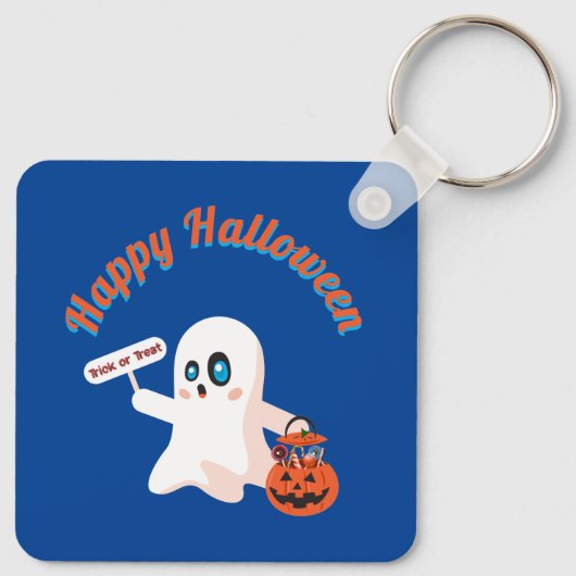 Happy Halloween Deep Blue Square sleutelhanger (Achterkant)