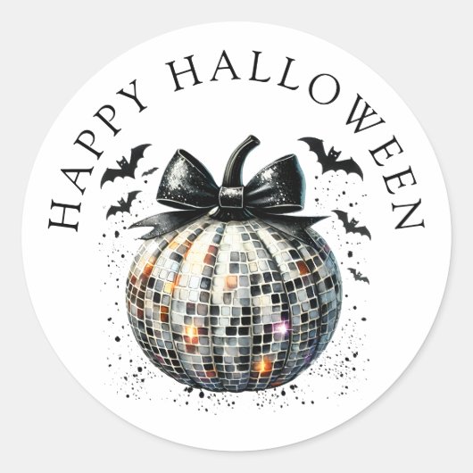 Happy Halloween Disco Ball Pumpkin Black Bow Ronde Sticker (Voorkant)
