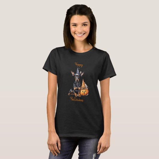 Happy Halloween Doberman Pinscher Witch T-shirt (Voorkant volledig)