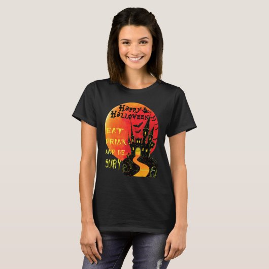 Happy Halloween eet Drink en wees eng Jack o Lant T-shirt (Voorkant volledig)