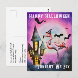 Happy Halloween Flamingo Bats Haunted Castle Briefkaart