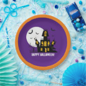 Happy Halloween Flying Bats Spooky Haunted House Papieren Bordje (Feest)