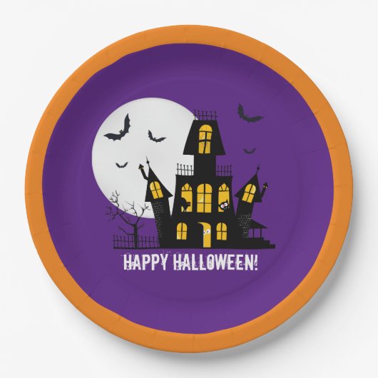 Happy Halloween Flying Bats Spooky Haunted House Papieren Bordje (Voorkant)