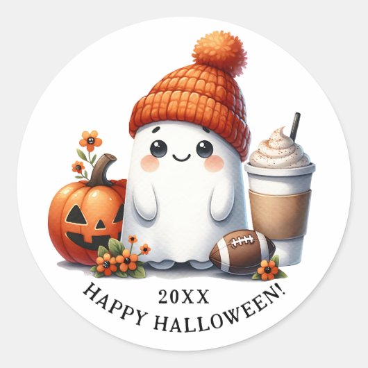 Happy Halloween Football Theme Ghost Ronde Sticker (Voorkant)