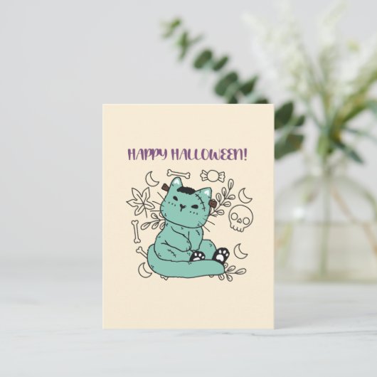 Happy Halloween Frankenstein Cat Briefkaart (Staand voorkant)