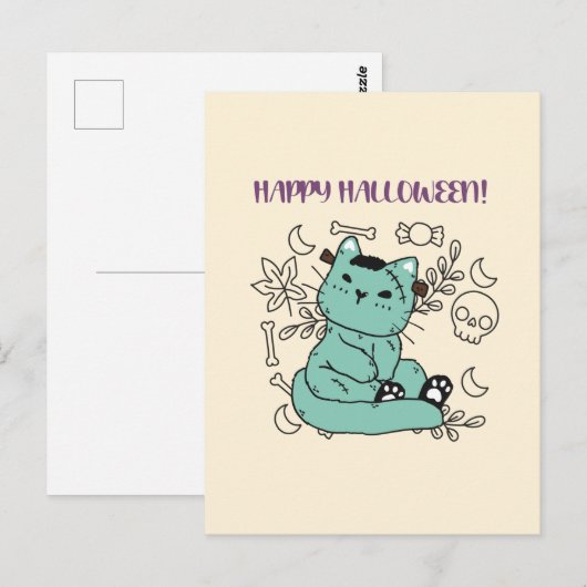 Happy Halloween Frankenstein Cat Briefkaart (Voorkant / Achterkant)