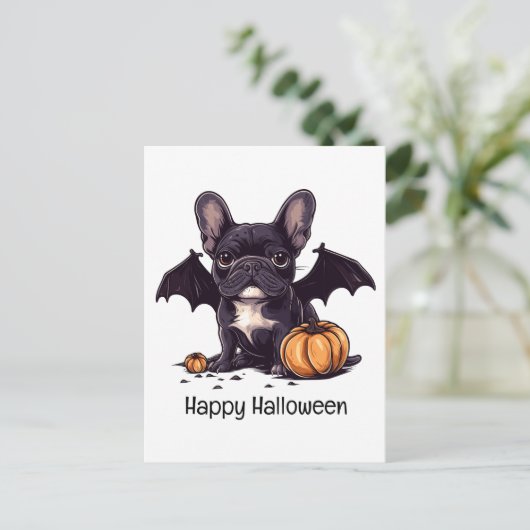 Happy Halloween Franse Bulldog Bat Wings Pumpkins Briefkaart (Staand voorkant)