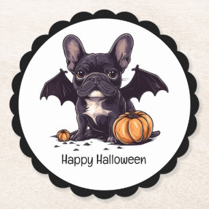 Happy Halloween Franse Bulldog Bat Wings Pumpkins Kartonnen Onderzetters