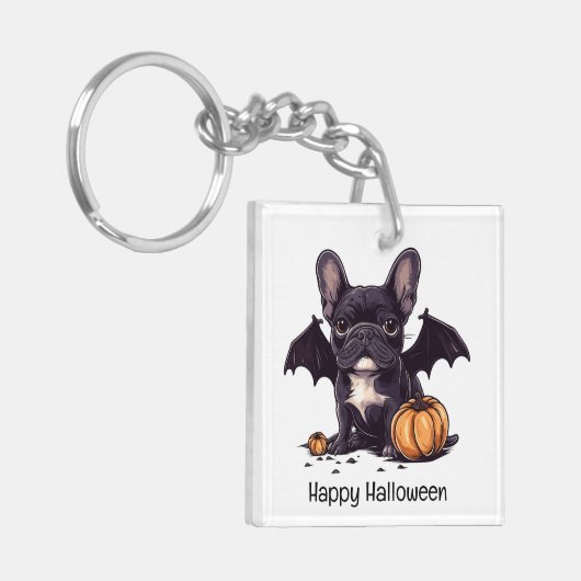 Happy Halloween Franse Bulldog Bat Wings Pumpkins Sleutelhanger (Voorkant Links)